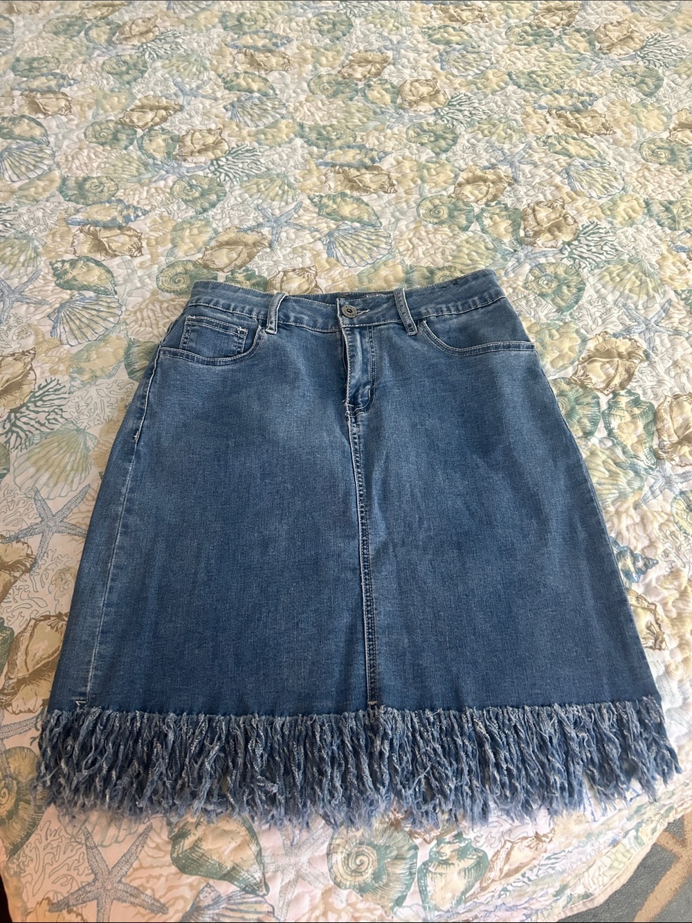 Ethyl Denim Fringe Hem A-Line Skirt - Blue